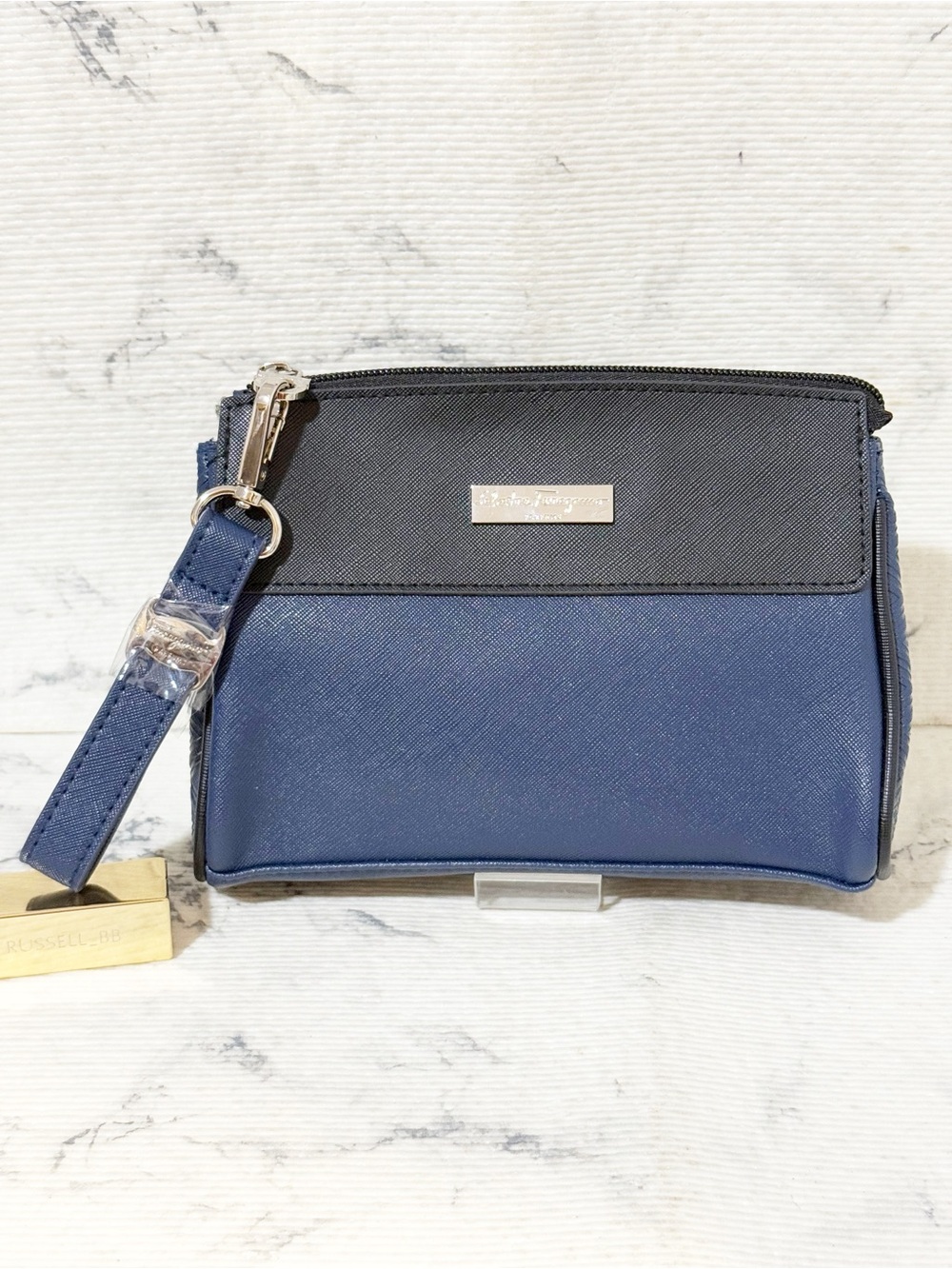 Salvatore Ferragamo Parfums Navy & Black Saffiano Wristlet with Detachable Strap